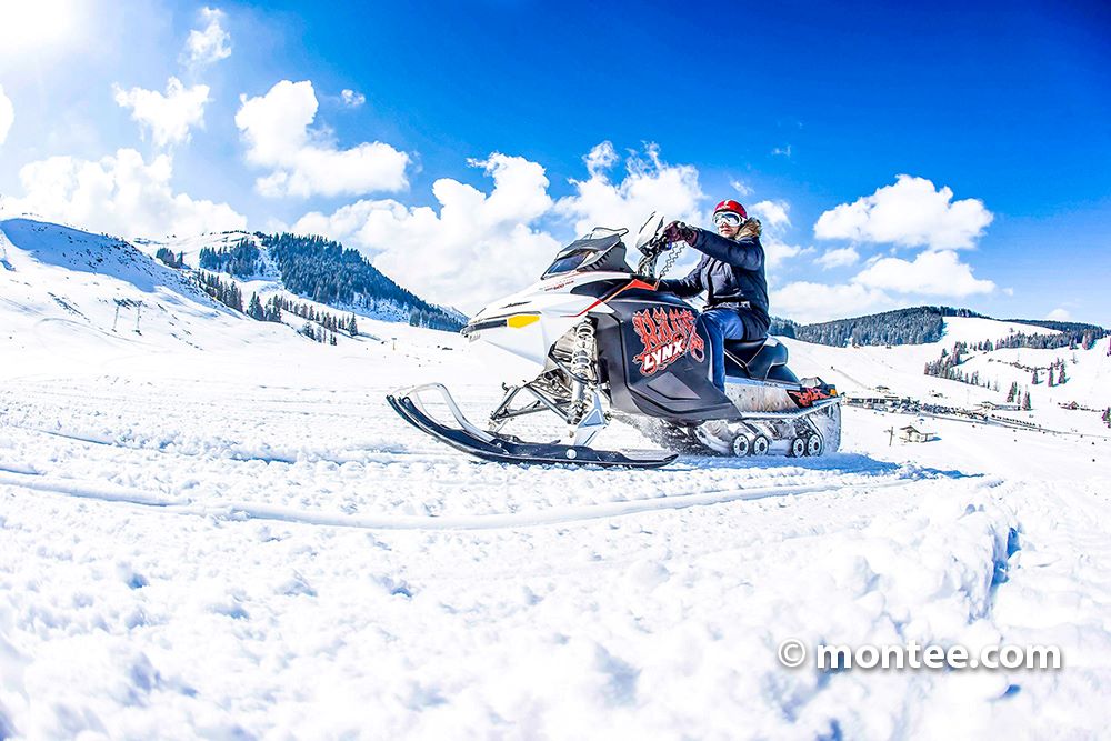 Schneemobil fahren in Winterlandschaft 