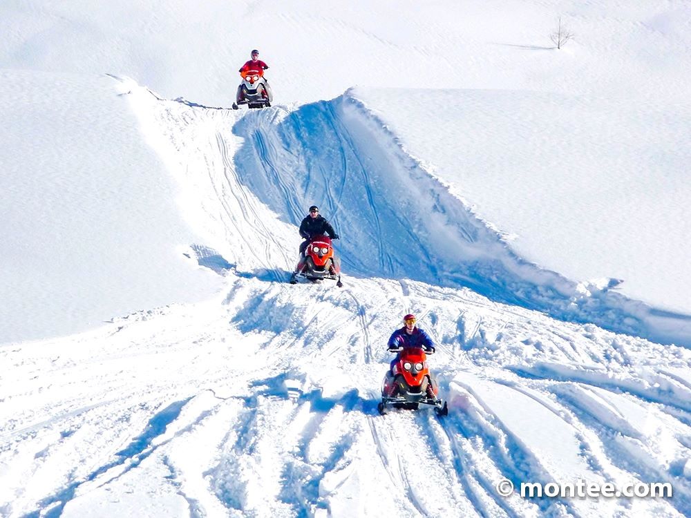 Schneemobil fahren in Winterlandschaft 