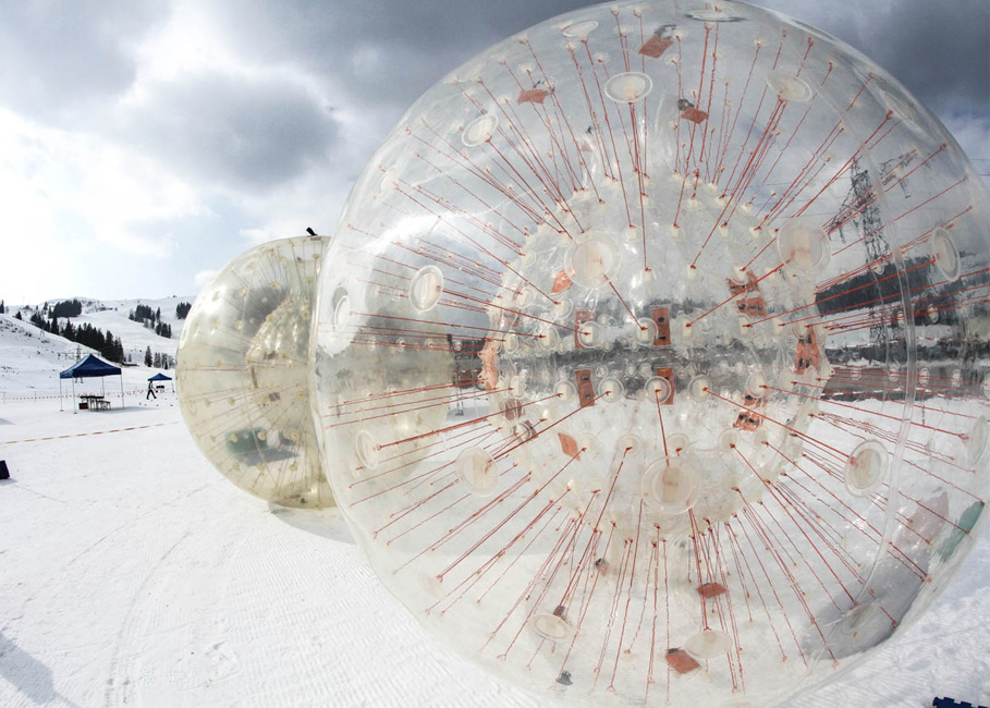 In the zorbing ball through the winter landscape